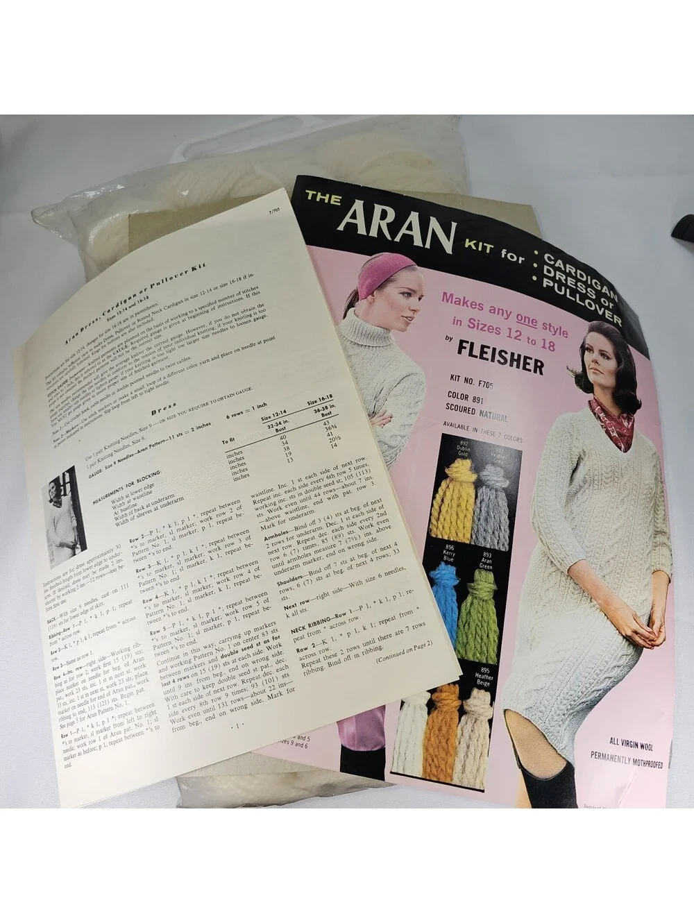 Vintage FLEISHERS Ivory White Wool Knitting Kit Cardigan Dress Size 12-18 New!